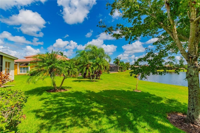 view of yard with a water view