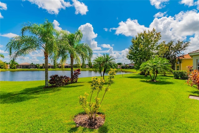 exterior space with a water view and a yard