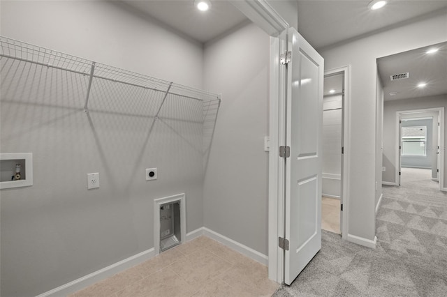 clothes washing area featuring hookup for a washing machine, recessed lighting, hookup for an electric dryer, laundry area, and baseboards