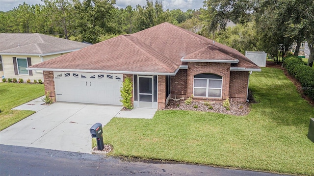 ranch-style house with a front yard and a garage