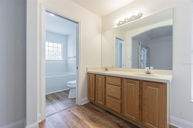 bathroom with vanity, toilet, and hardwood / wood-style flooring