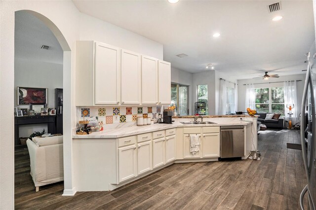 kitchen with tasteful backsplash, dark hardwood / wood-style flooring, sink, ceiling fan, and stainless steel dishwasher