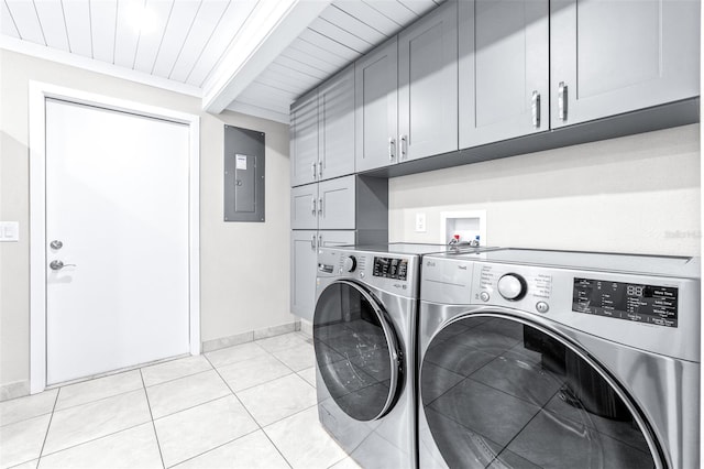 laundry room featuring wood ceiling, cabinets, separate washer and dryer, light tile patterned floors, and electric panel