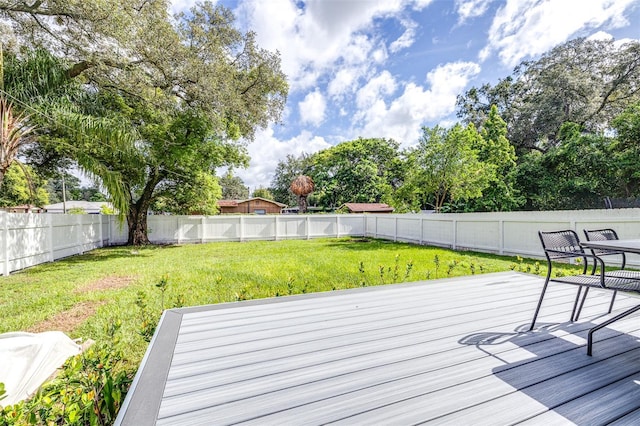 wooden terrace with a lawn