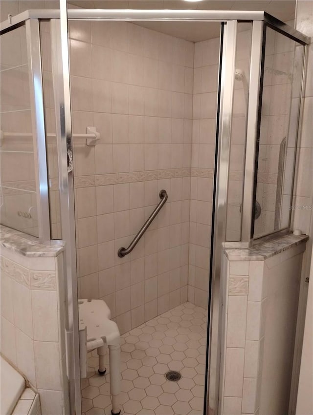 bathroom featuring a shower with shower door