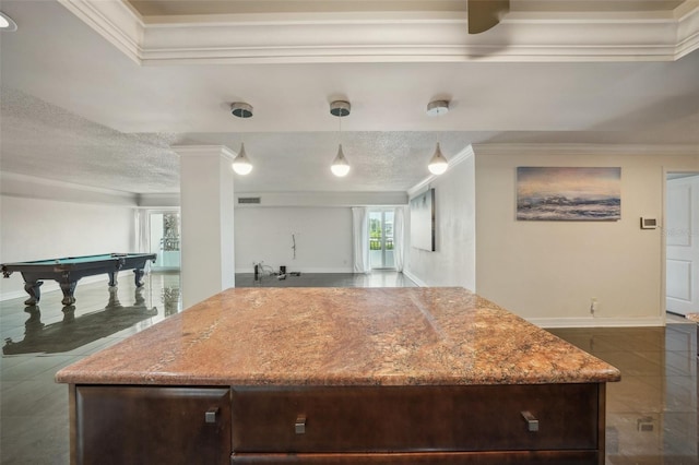 kitchen featuring a center island, crown molding, open floor plan, a textured ceiling, and billiards