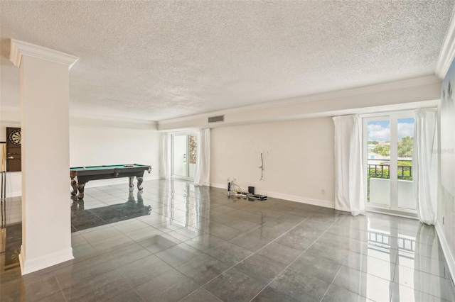 playroom with baseboards, tile patterned flooring, pool table, a textured ceiling, and crown molding