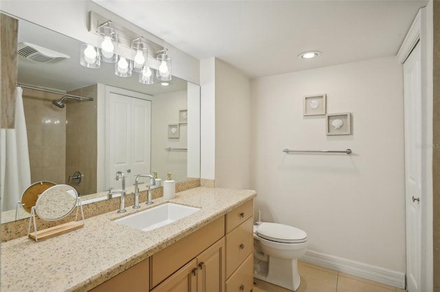 bathroom with tile patterned flooring, visible vents, curtained shower, baseboards, and toilet