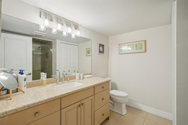 bathroom featuring tile patterned flooring, baseboards, toilet, a stall shower, and vanity