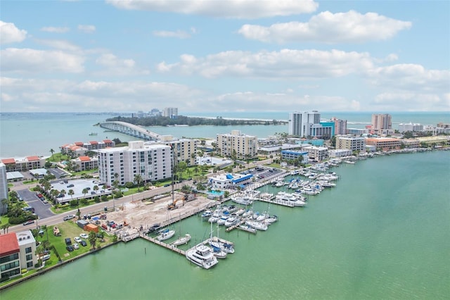 bird's eye view featuring a city view and a water view