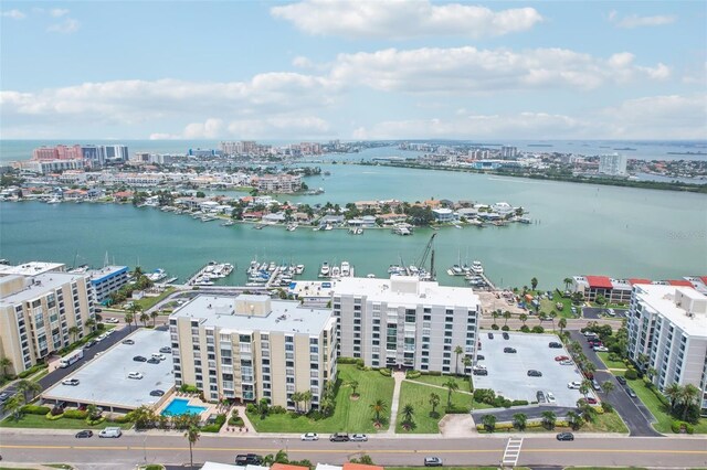 drone / aerial view featuring a water view