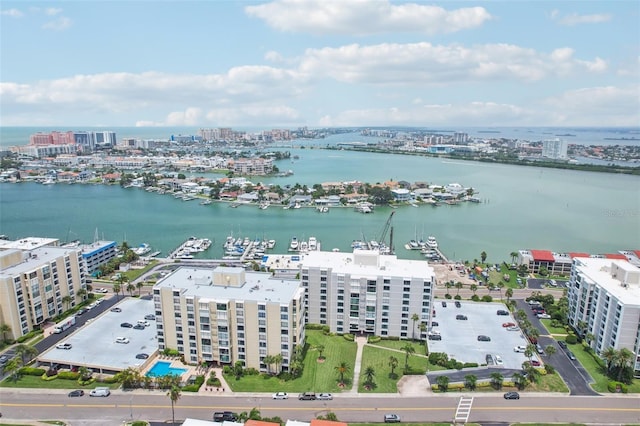 bird's eye view with a water view and a view of city