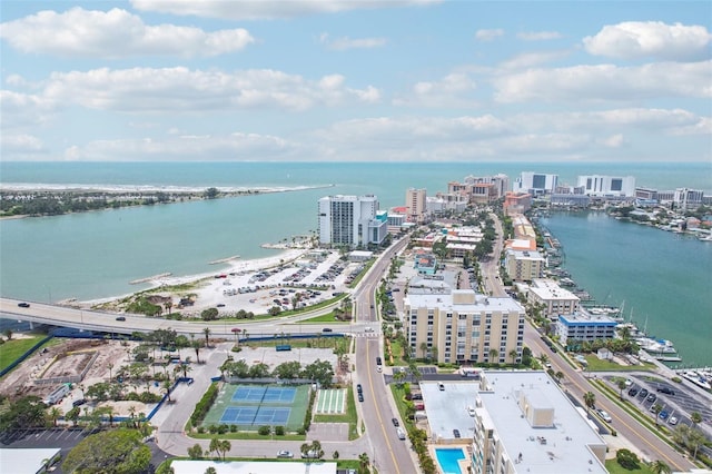 drone / aerial view with a view of city and a water view