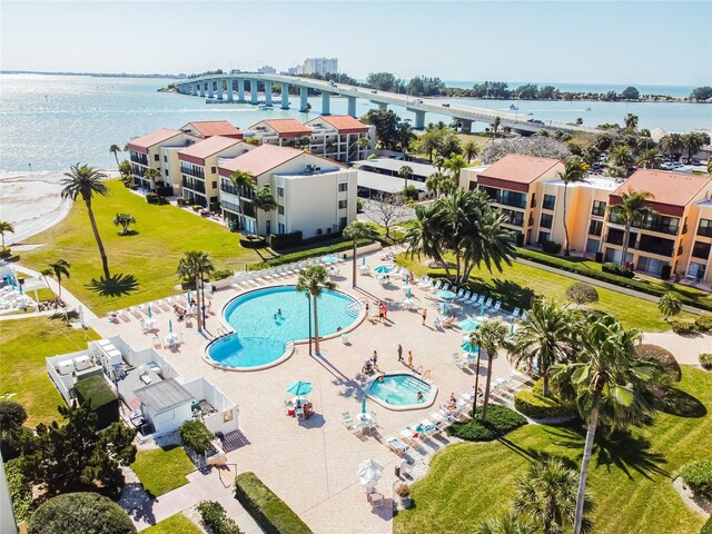 aerial view featuring a water view