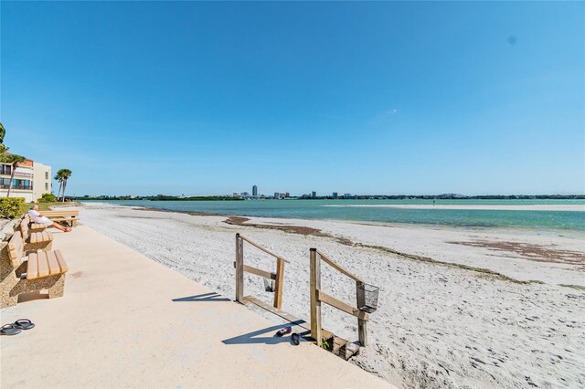 view of water feature with a beach view