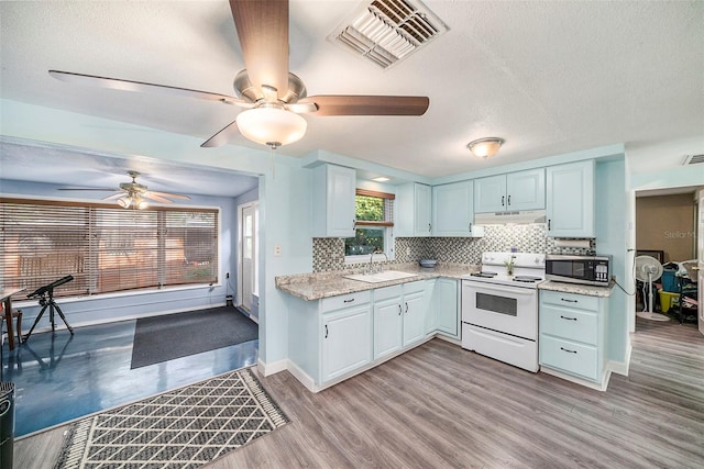 kitchen featuring sink, white cabinets, light wood-type flooring, tasteful backsplash, and electric range