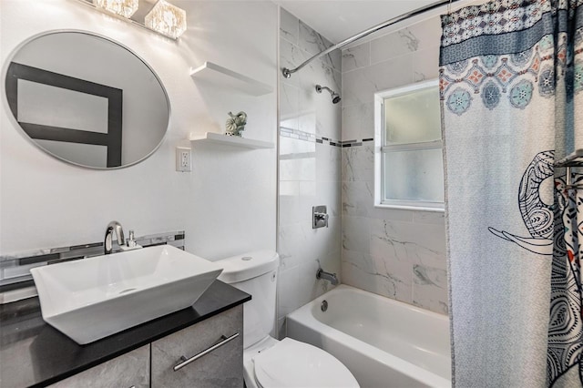 bathroom featuring shower / bath combination with curtain, vanity, and toilet