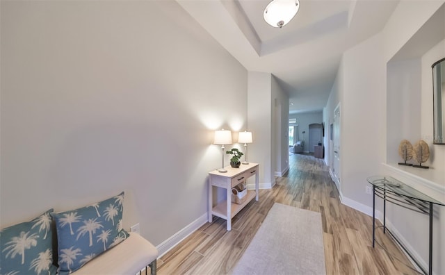 hall featuring light hardwood / wood-style flooring and a tray ceiling