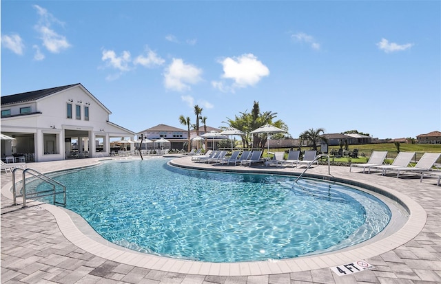 view of swimming pool featuring a patio area