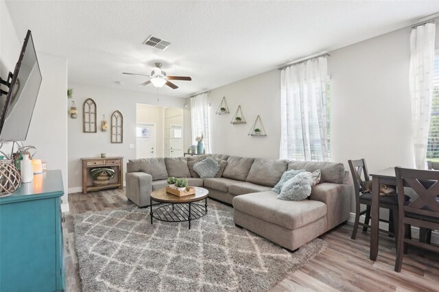 living room with ceiling fan, hardwood / wood-style floors, and a textured ceiling