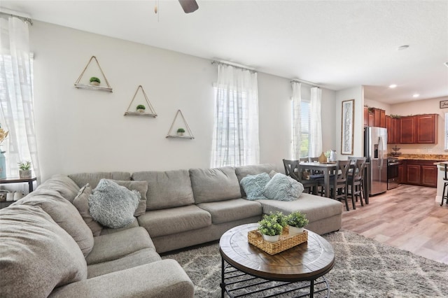 living room with ceiling fan and light hardwood / wood-style floors