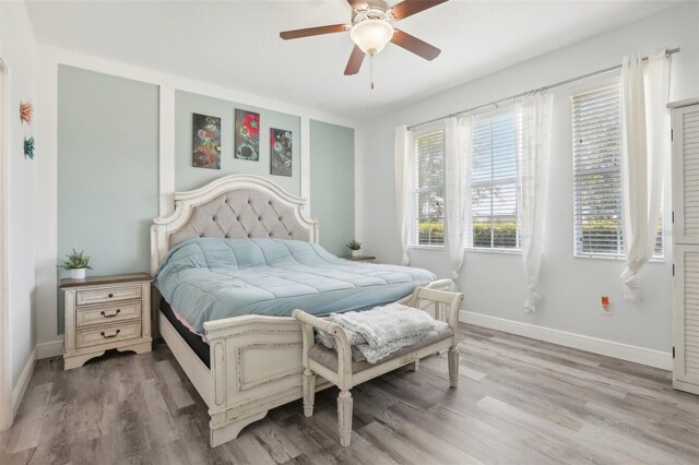 bedroom with ceiling fan and wood-type flooring