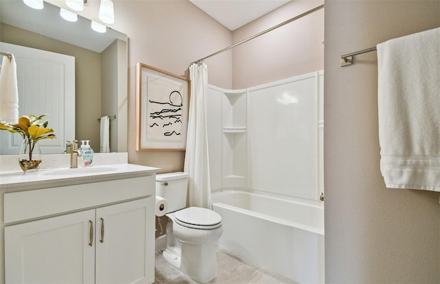 full bathroom featuring shower / bath combination with curtain, vanity, toilet, and tile patterned floors