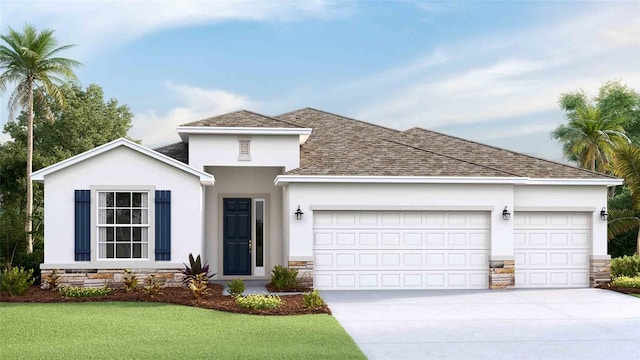 single story home featuring stucco siding, a shingled roof, concrete driveway, a garage, and stone siding