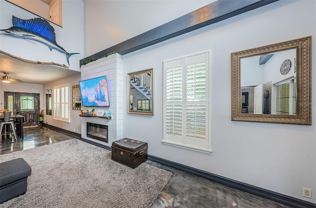 living room featuring a high ceiling