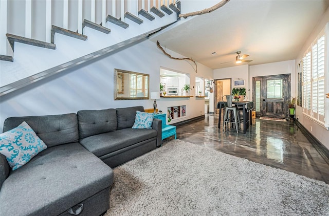 living room with concrete floors