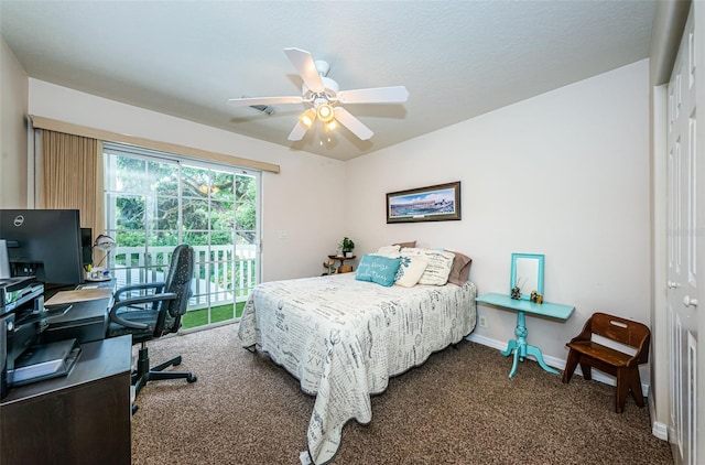 bedroom with dark carpet, access to outside, a closet, and ceiling fan