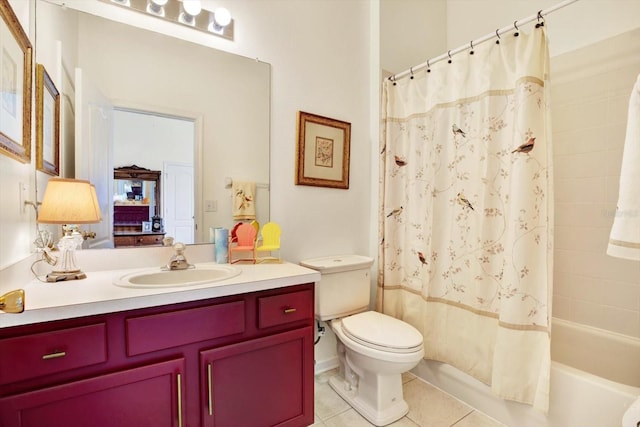 full bathroom featuring tile patterned floors, shower / bathtub combination with curtain, toilet, and vanity