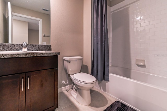 full bathroom with shower / tub combo with curtain, vanity, toilet, and tile patterned flooring