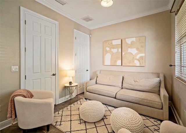 living room with ornamental molding and wood-type flooring