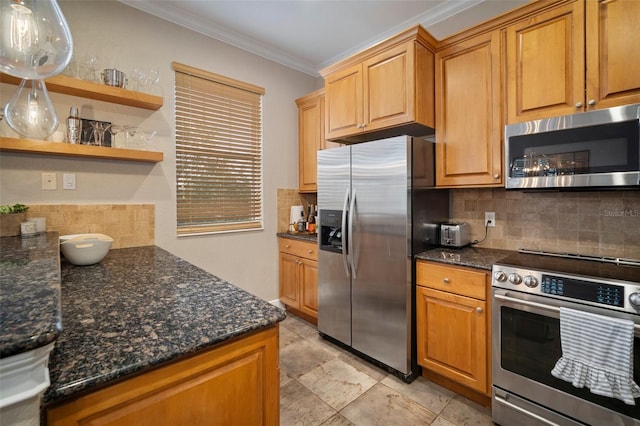 kitchen with stainless steel appliances, dark stone countertops, ornamental molding, backsplash, and hanging light fixtures