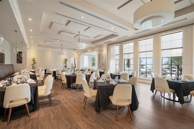 dining room with wood-type flooring, a raised ceiling, and a wealth of natural light