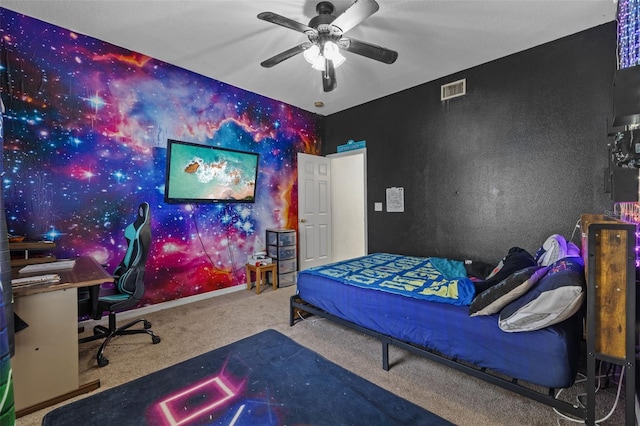 carpeted bedroom featuring ceiling fan