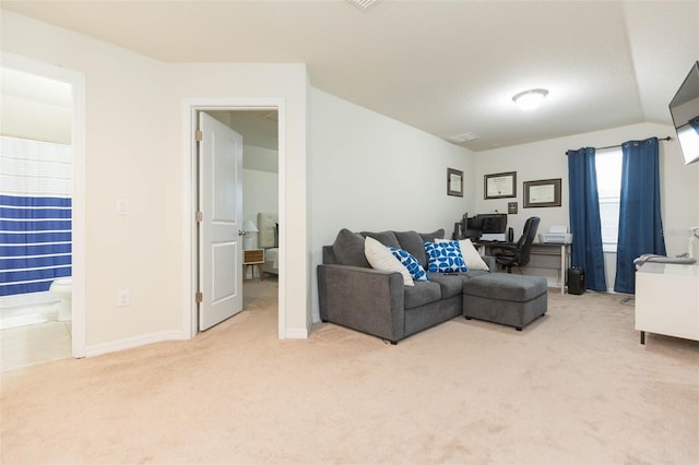 living room with carpet flooring and lofted ceiling