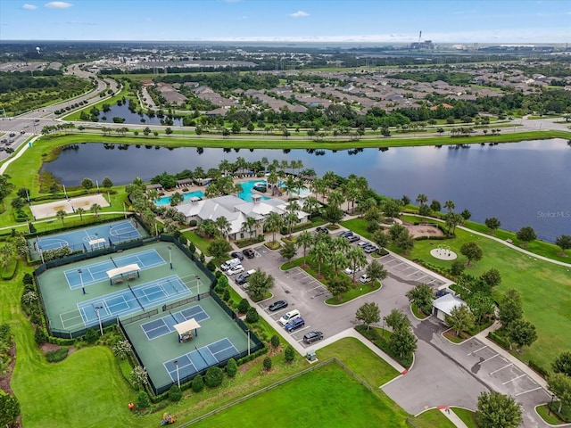 aerial view featuring a water view