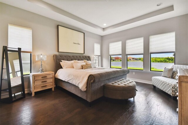 bedroom featuring a raised ceiling and dark hardwood / wood-style flooring