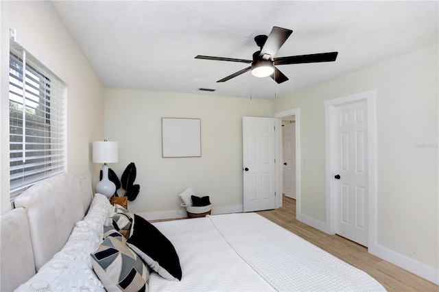 bedroom featuring ceiling fan and light hardwood / wood-style flooring