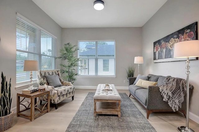 sitting room with plenty of natural light and light hardwood / wood-style flooring