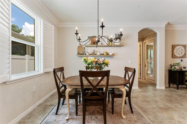 dining space with crown molding, light tile patterned floors, and a wealth of natural light