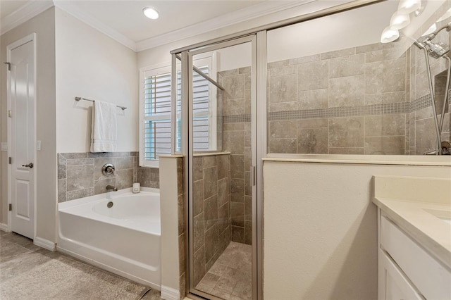 bathroom with crown molding, plus walk in shower, and vanity