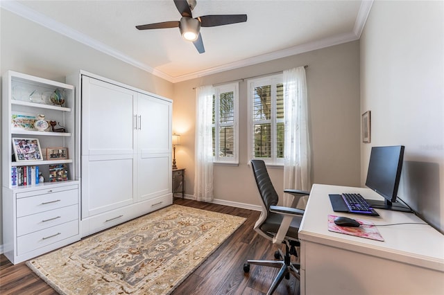 office area featuring ceiling fan, dark hardwood / wood-style flooring, and ornamental molding