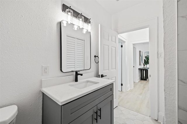 bathroom with vanity, wood-type flooring, and toilet