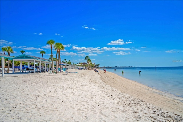 view of water feature featuring a gazebo and a view of the beach