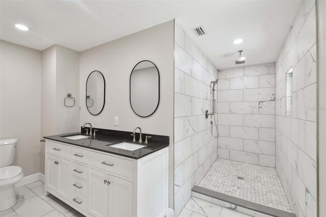 bathroom with vanity, a tile shower, and toilet