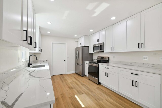 kitchen featuring appliances with stainless steel finishes, light stone countertops, sink, and white cabinets