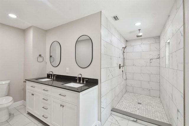 bathroom with vanity, toilet, and a tile shower